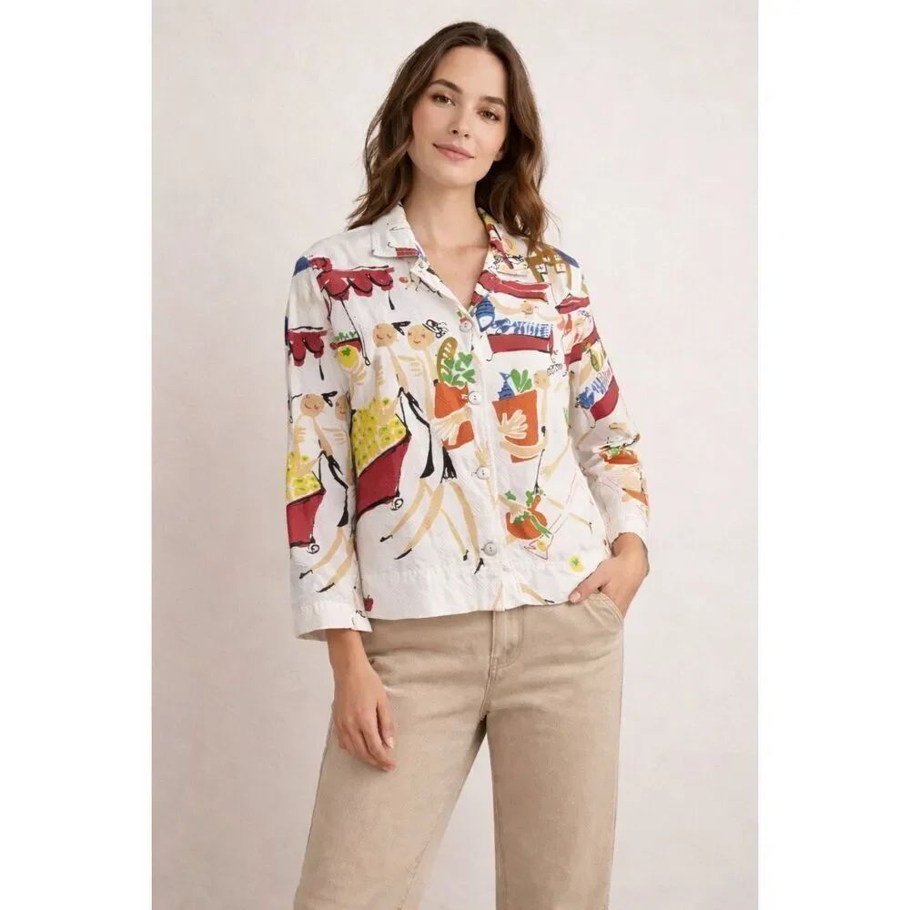 Chico’s Novelty Market Print Jacket Women’s Size 0 Artsy Button Front